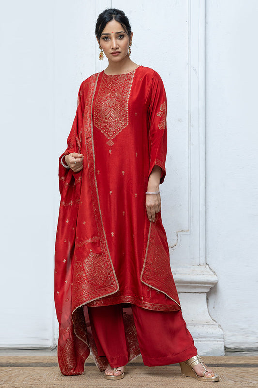 Salsa Red Woven Salwar Suit With Zari Woven Raw Silk Dupatta