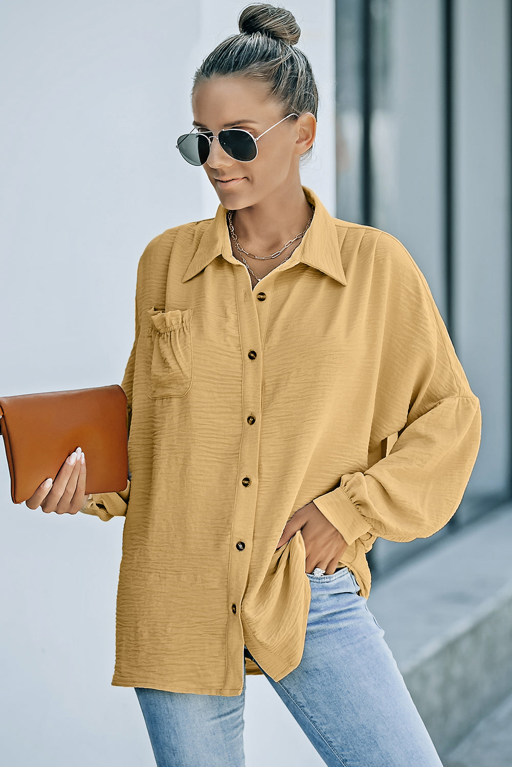 Textured Frill Trim Shirt with Breast Pocket