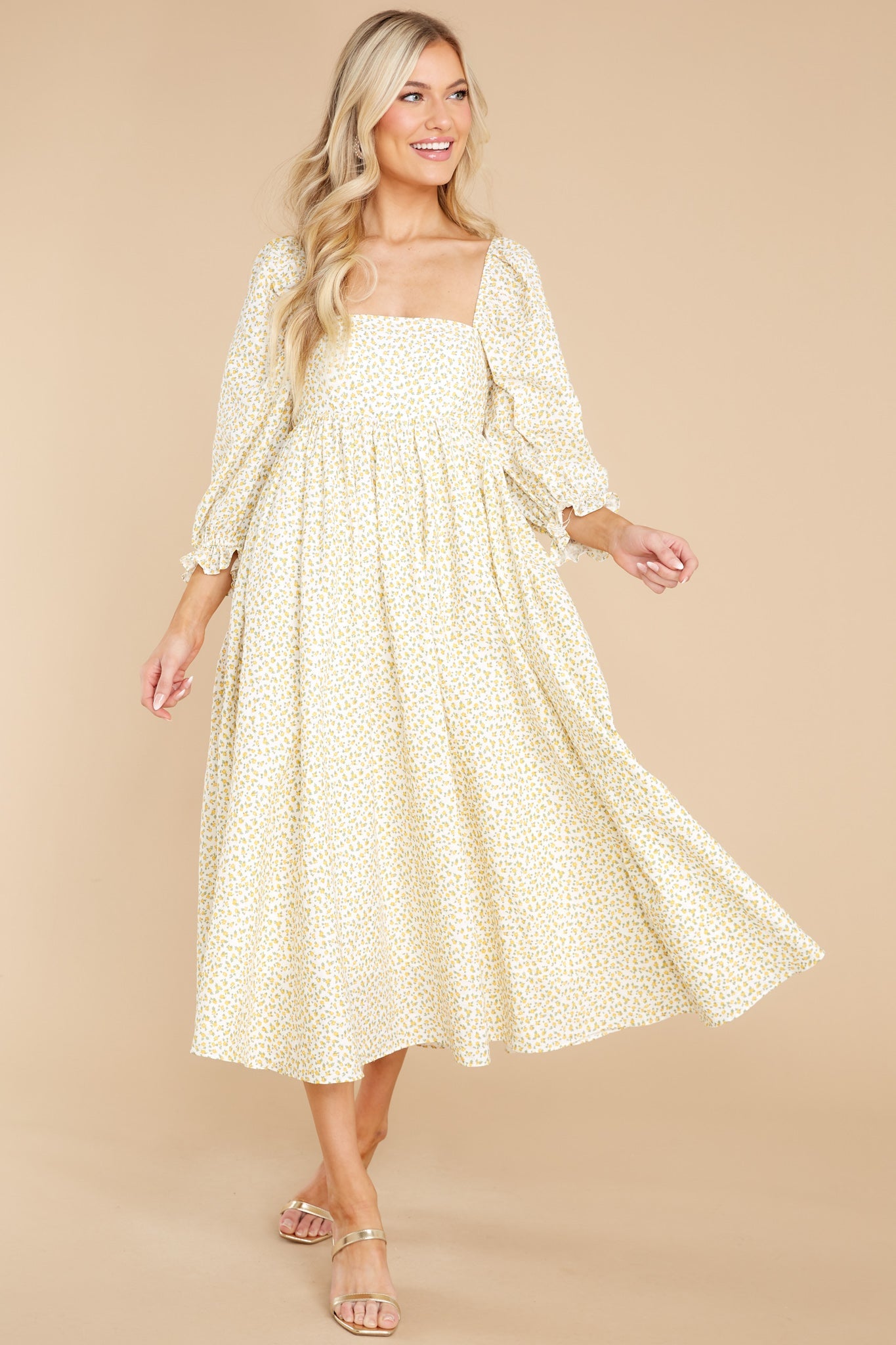 Enjoy The Scenery Yellow Floral Print Midi Dress