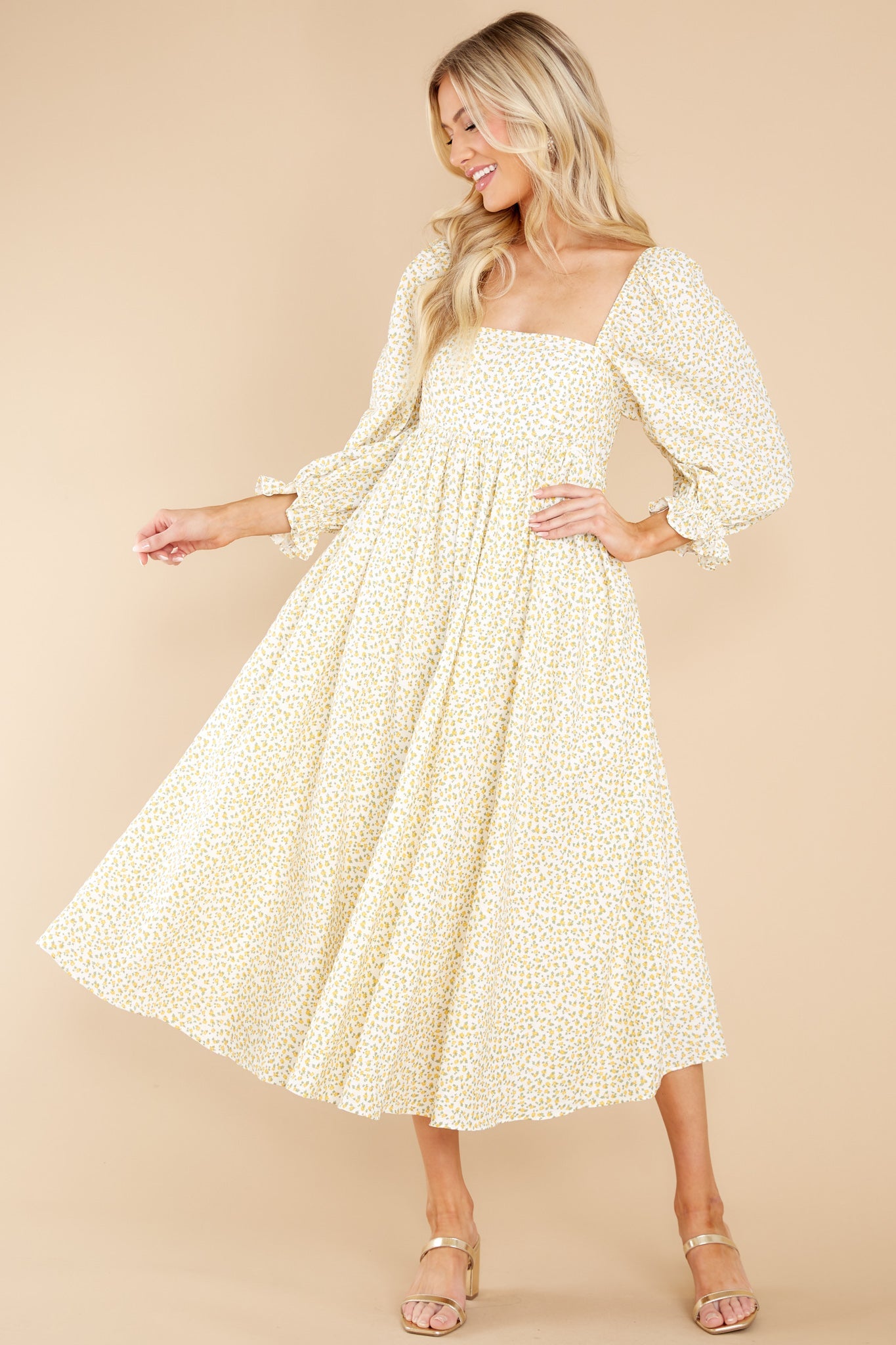 Enjoy The Scenery Yellow Floral Print Midi Dress