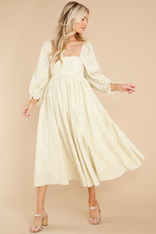 Enjoy The Scenery Yellow Floral Print Midi Dress