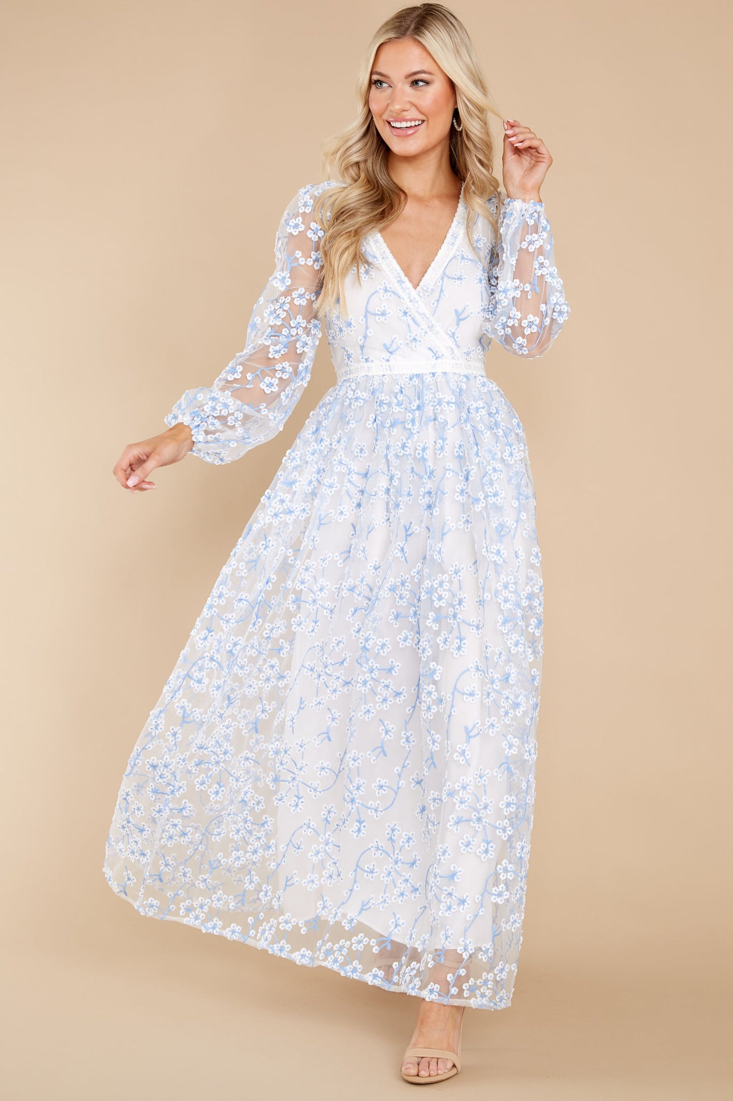 Heavenly Sights Blue And White Floral Embroidered Maxi Dress
