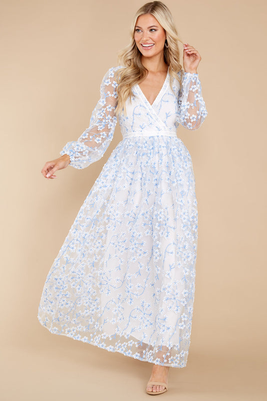 Heavenly Sights Blue And White Floral Embroidered Maxi Dress