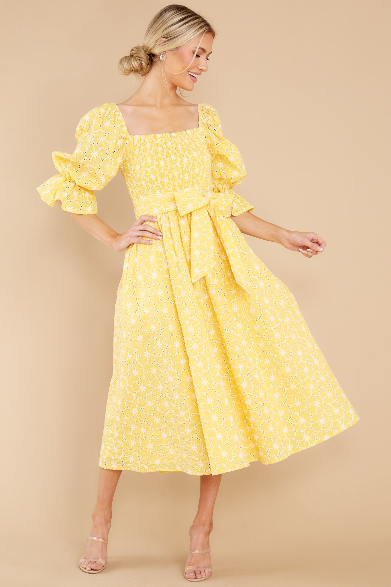 Beautiful Glow Yellow Floral Eyelet Dress