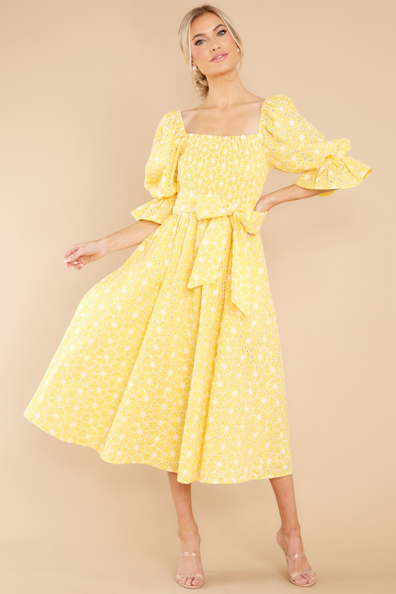 Beautiful Glow Yellow Floral Eyelet Dress