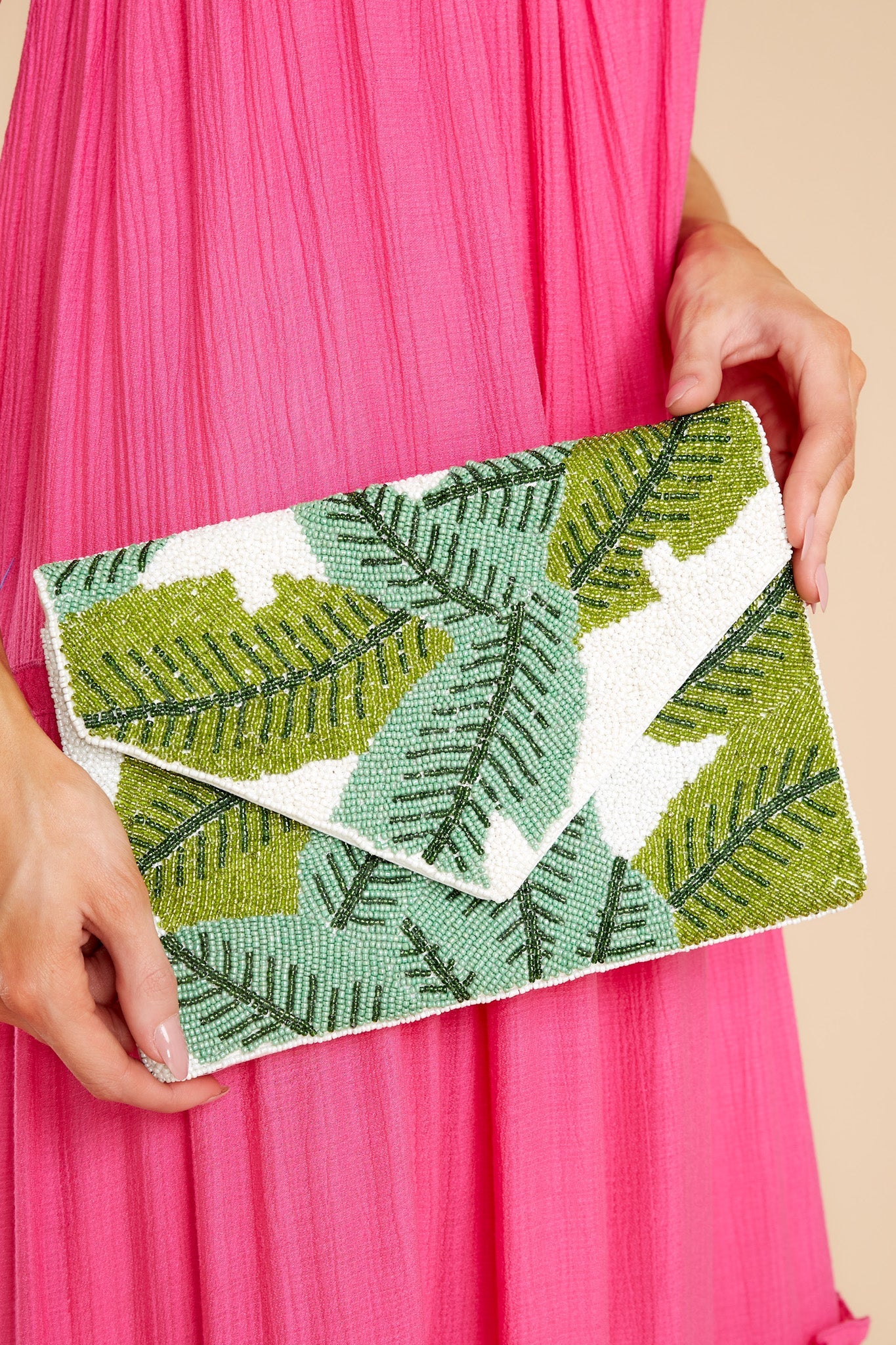 Under The Palm Tree White And Green Beaded Clutch