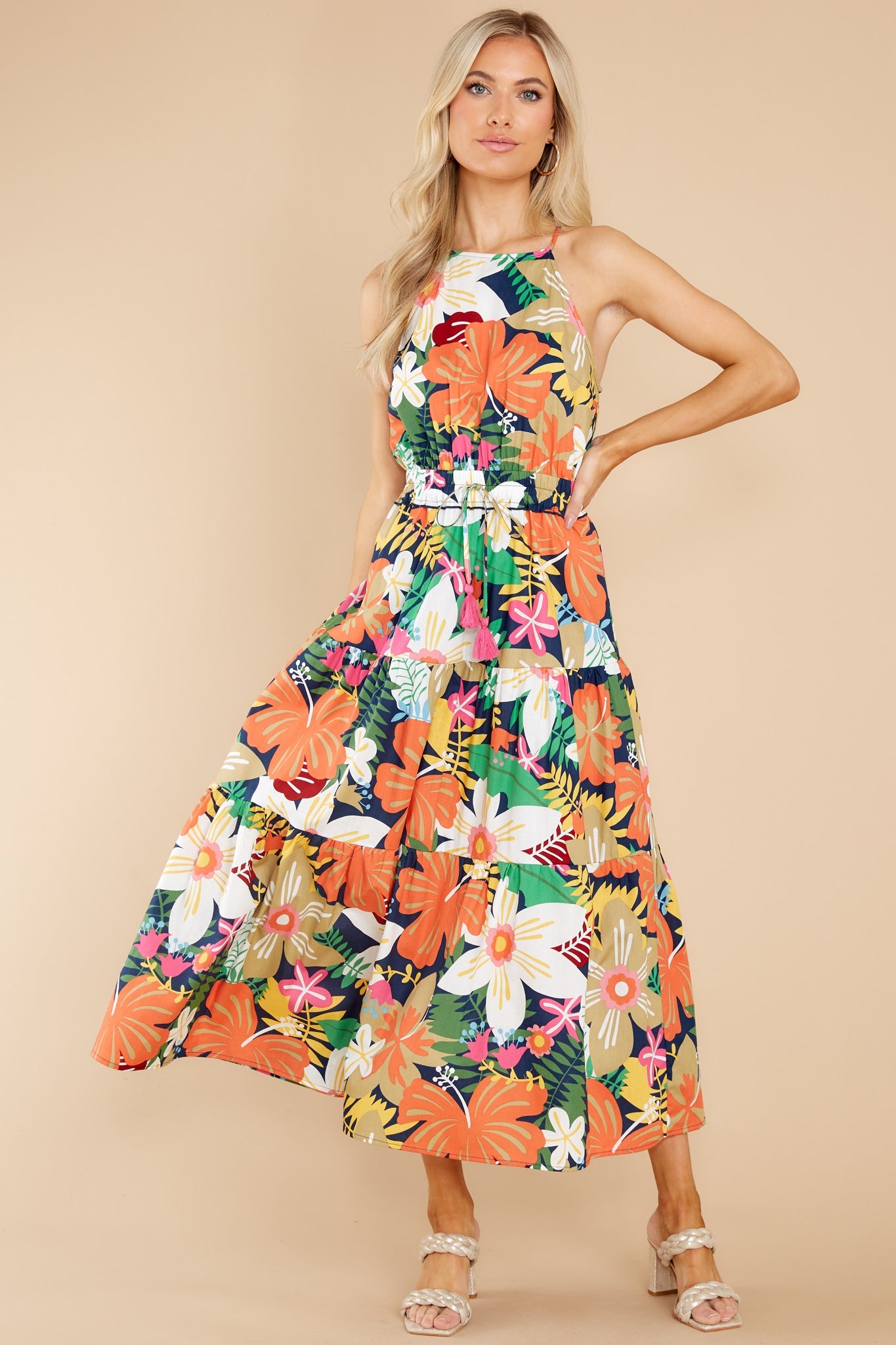 Tropical Escape Orange Multi Floral Print Maxi Dress