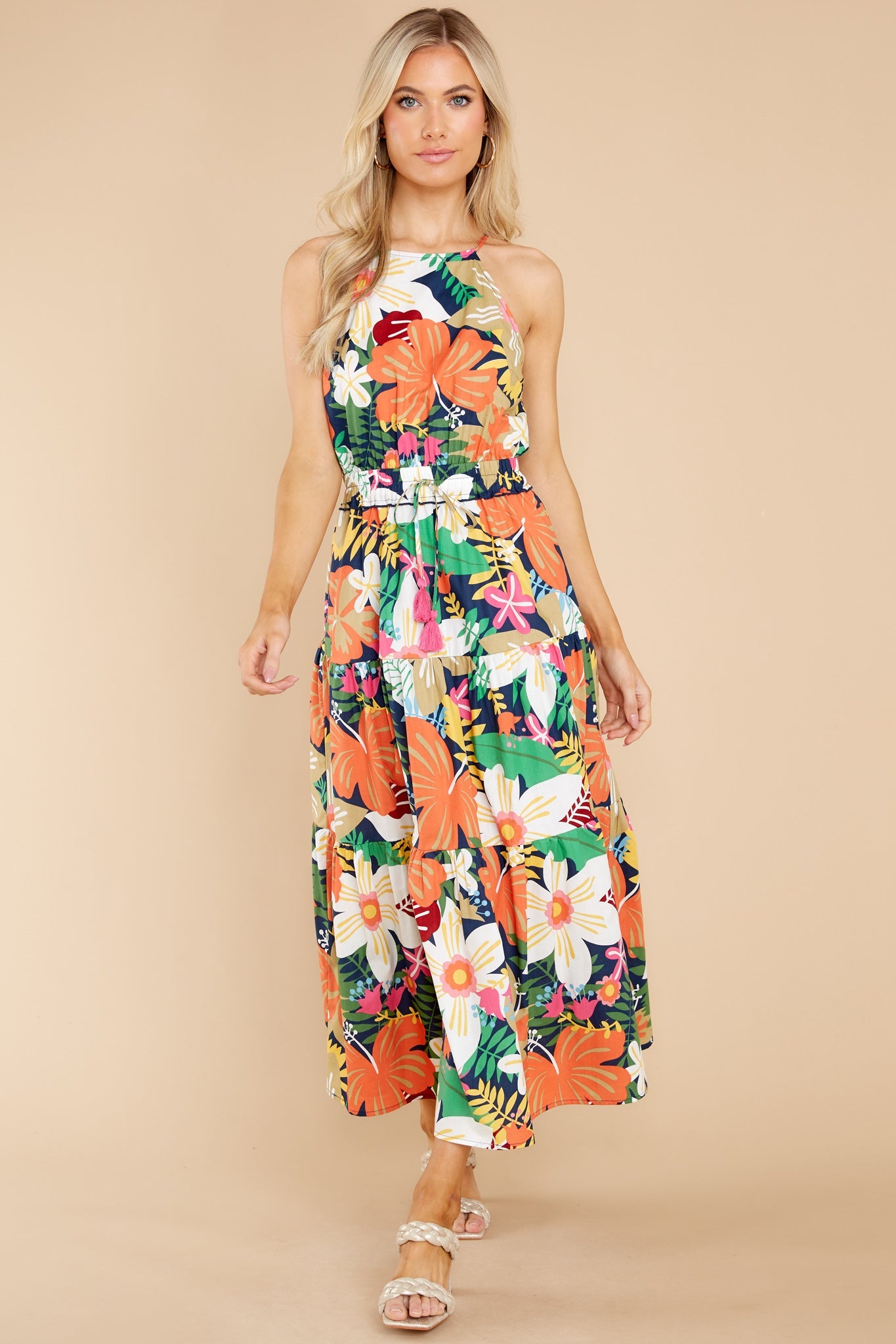 Tropical Escape Orange Multi Floral Print Maxi Dress