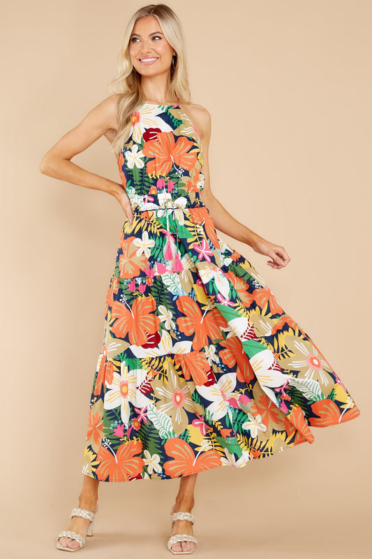 Tropical Escape Orange Multi Floral Print Maxi Dress