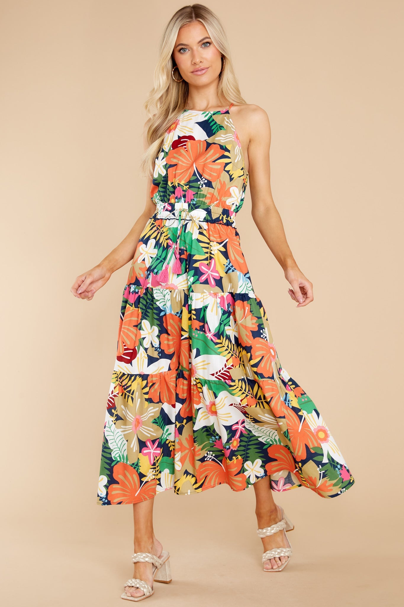 Tropical Escape Orange Multi Floral Print Maxi Dress