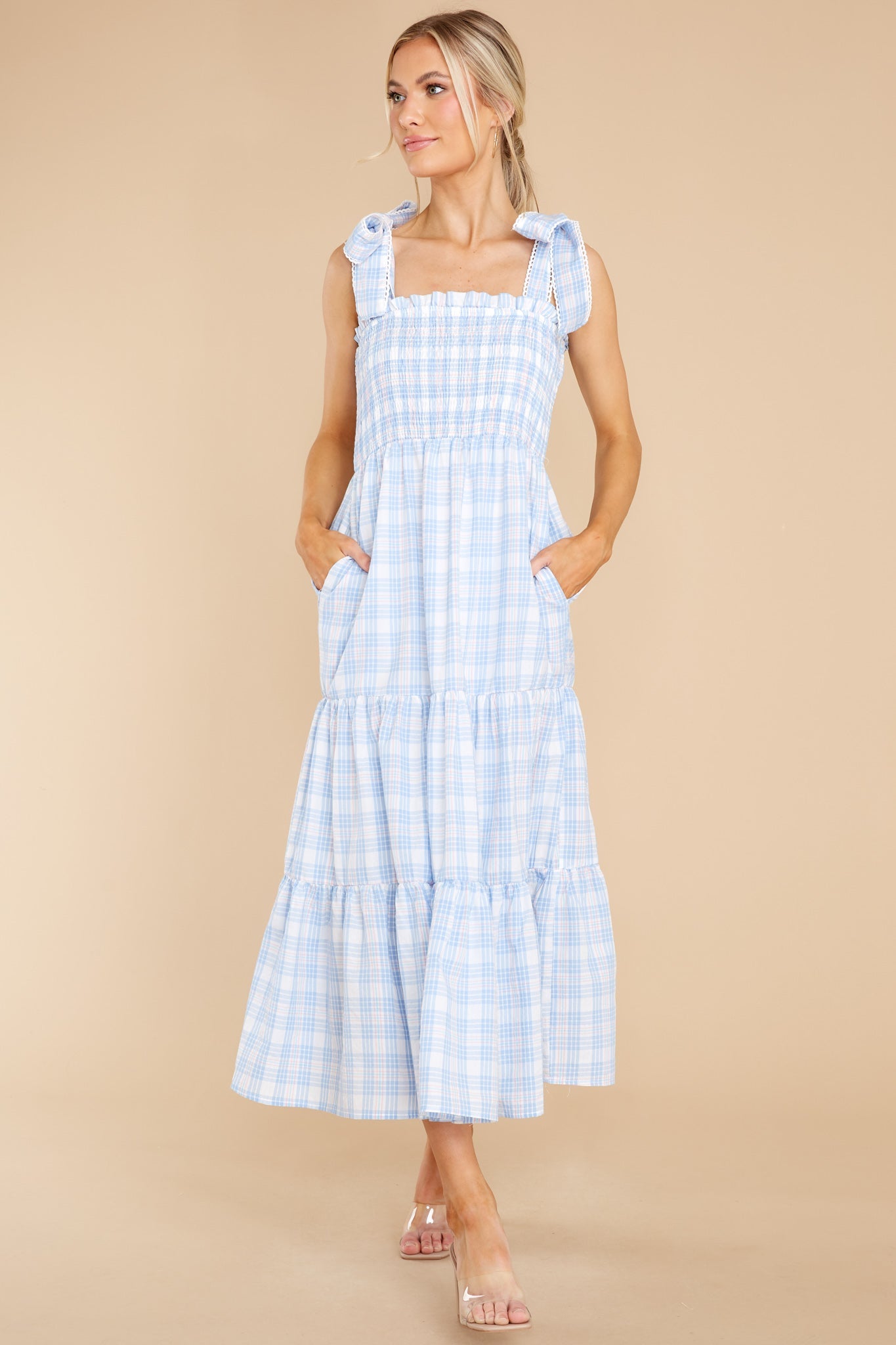 Elegant Darling Light Blue Gingham Cotton Maxi Dress