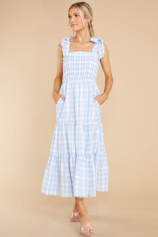 Elegant Darling Light Blue Gingham Cotton Maxi Dress
