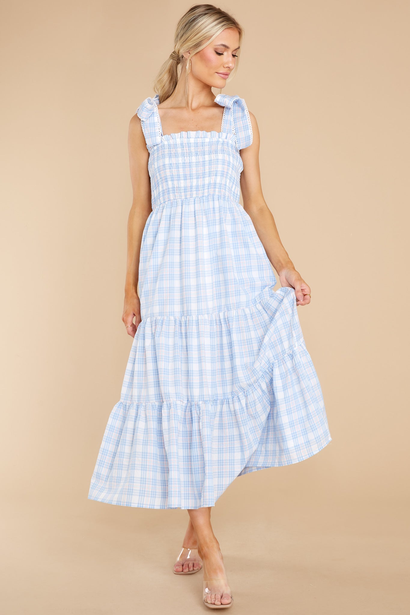 Elegant Darling Light Blue Gingham Cotton Maxi Dress