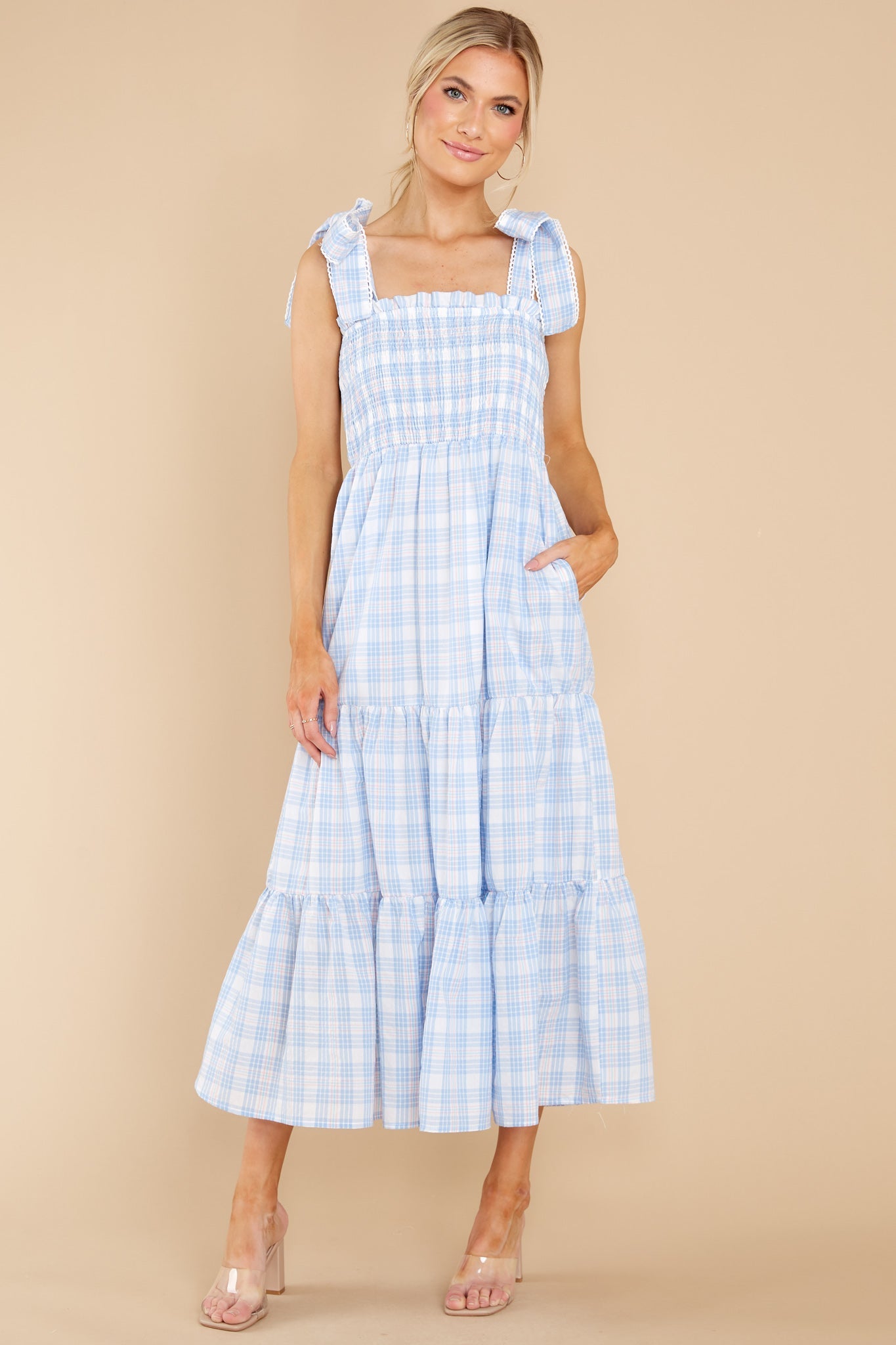Elegant Darling Light Blue Gingham Cotton Maxi Dress