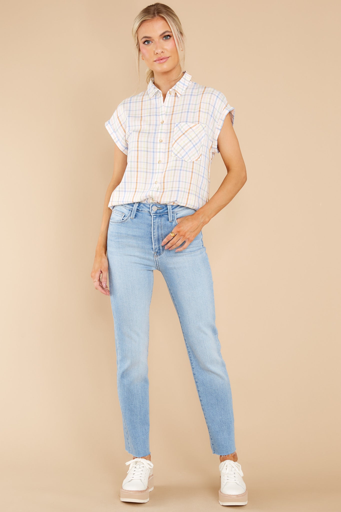 Plain And Sweet White Multi Plaid Top