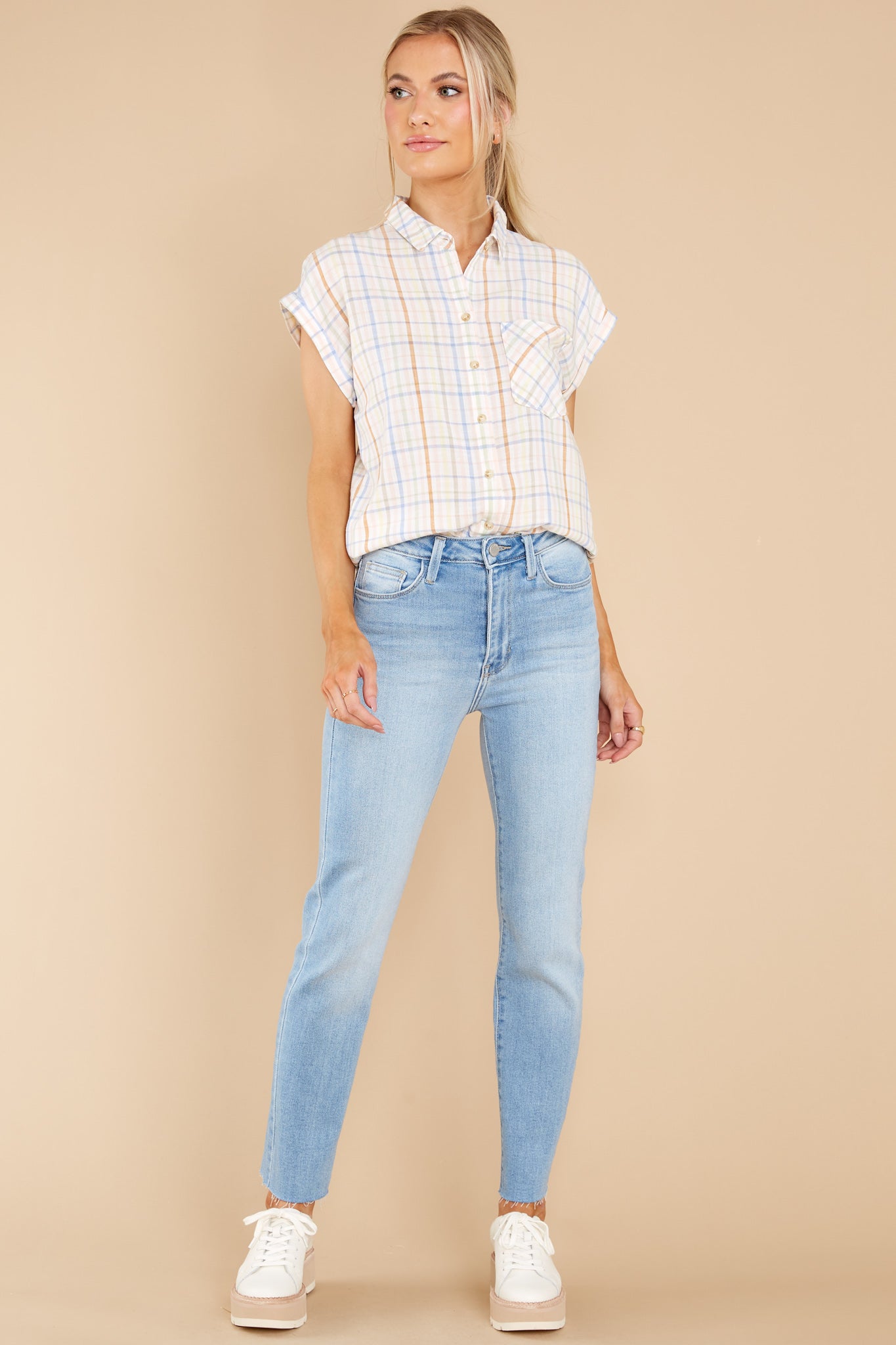 Plain And Sweet White Multi Plaid Top