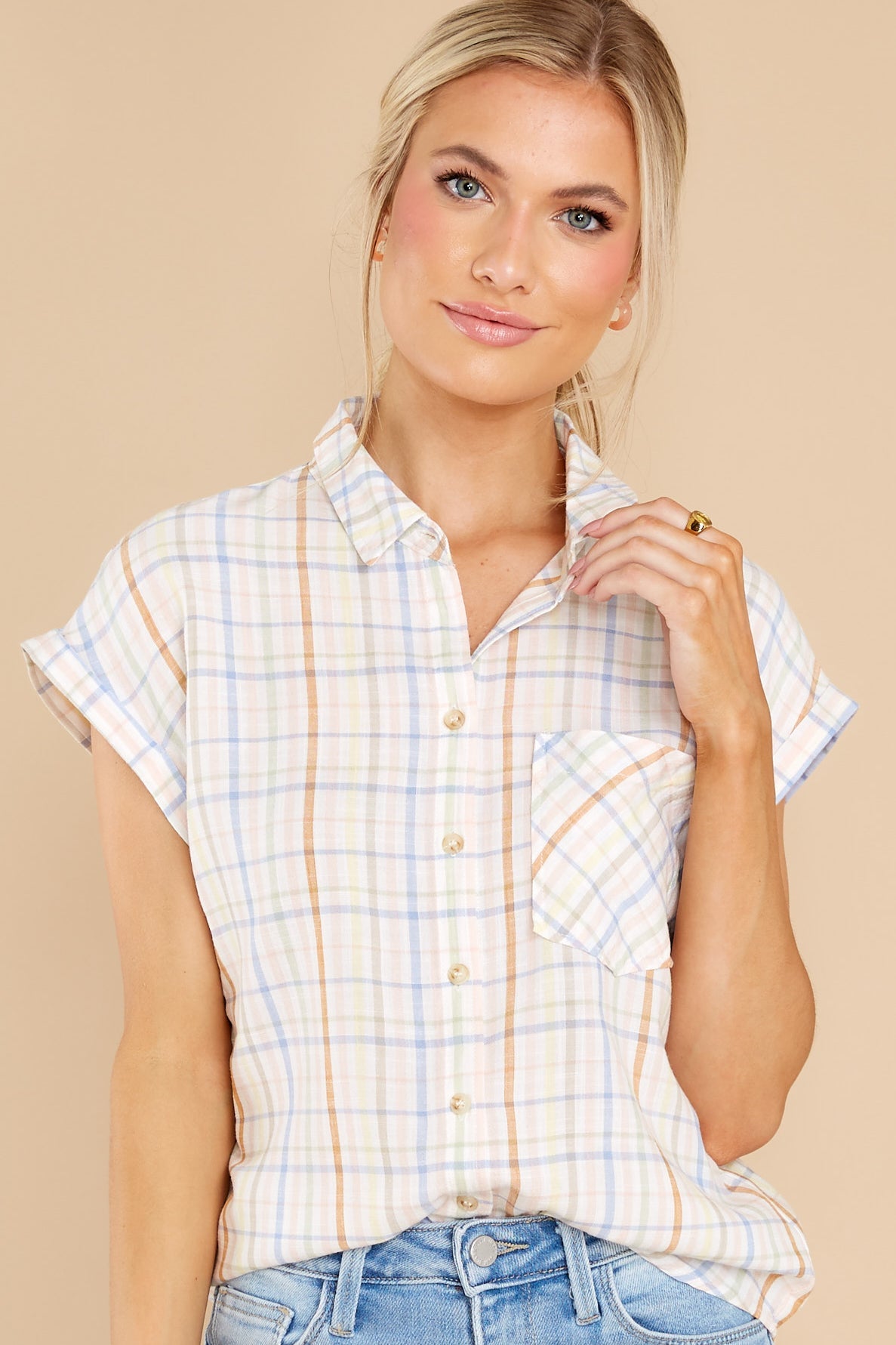 Plain And Sweet White Multi Plaid Top
