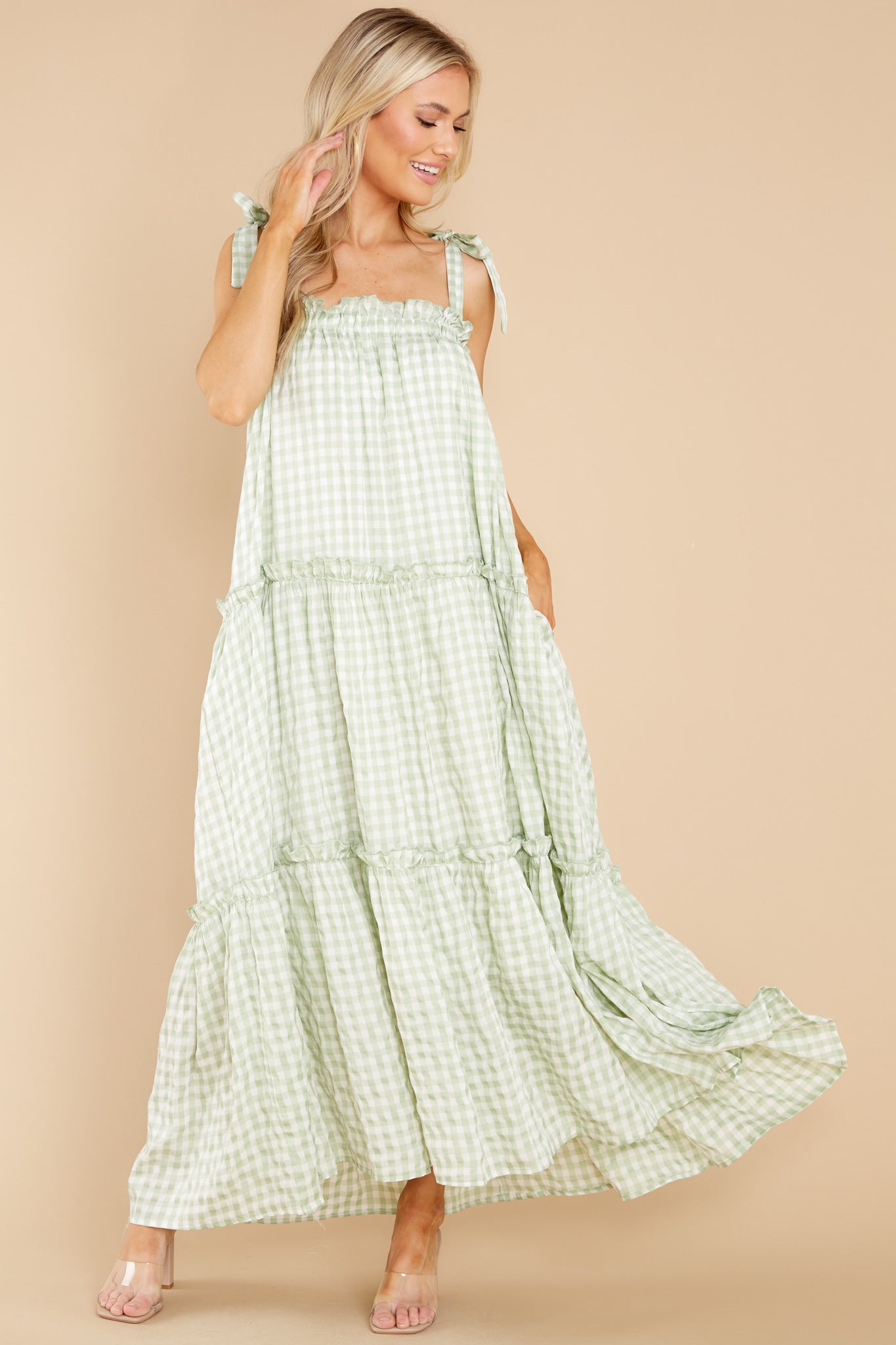 Cherished Memories Green Gingham Maxi Dress