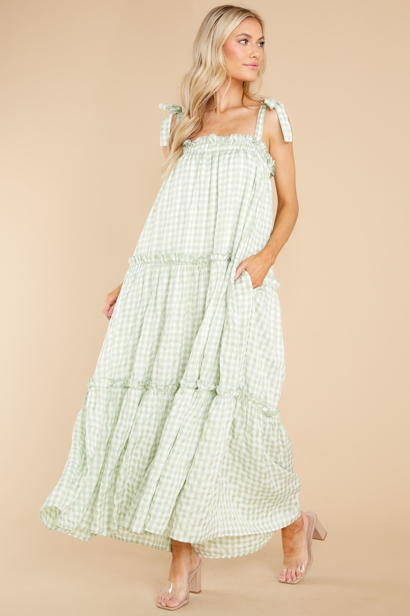 Cherished Memories Green Gingham Maxi Dress
