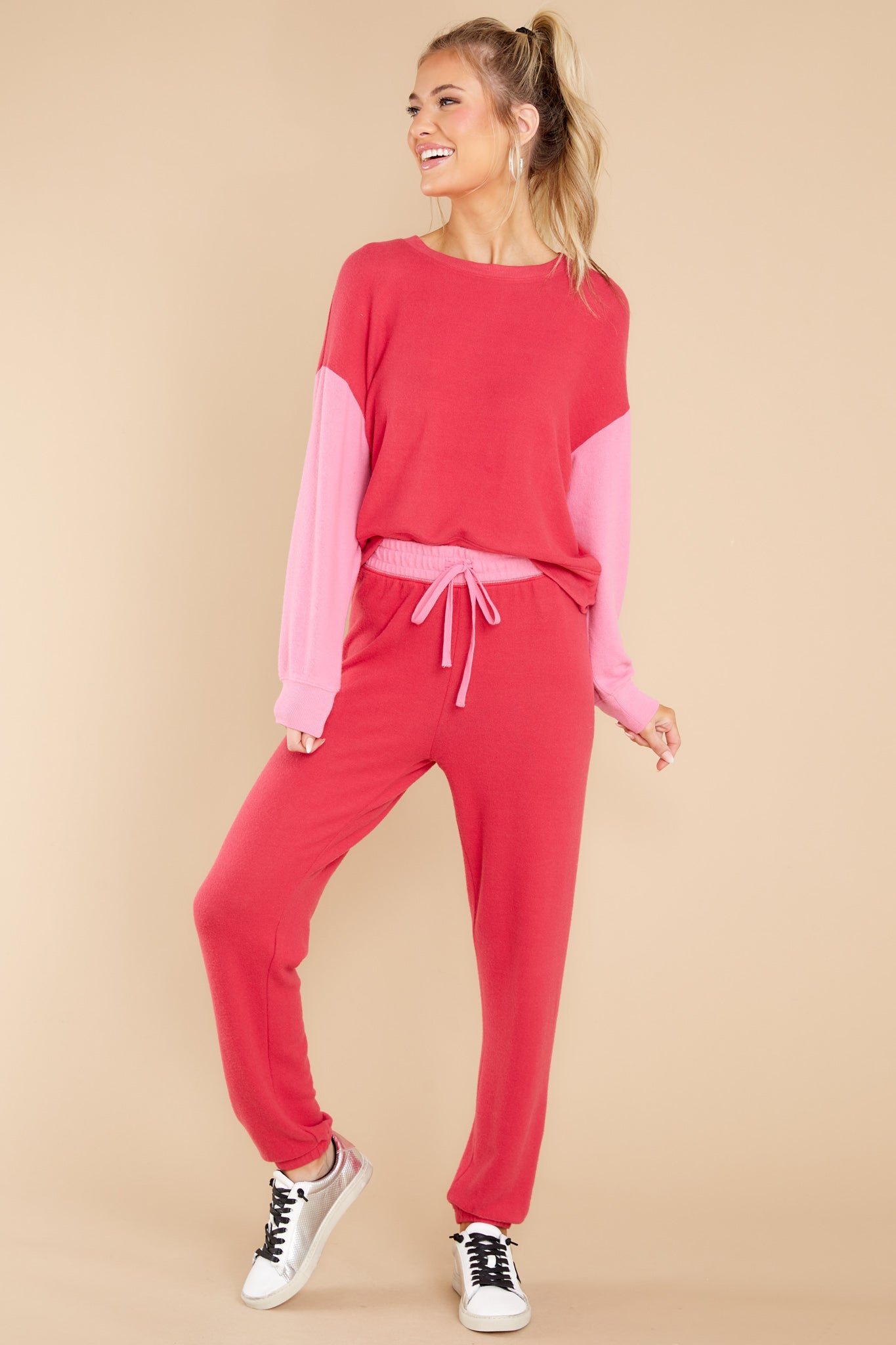 Elle Cherry Red Color Block Long Sleeve Top