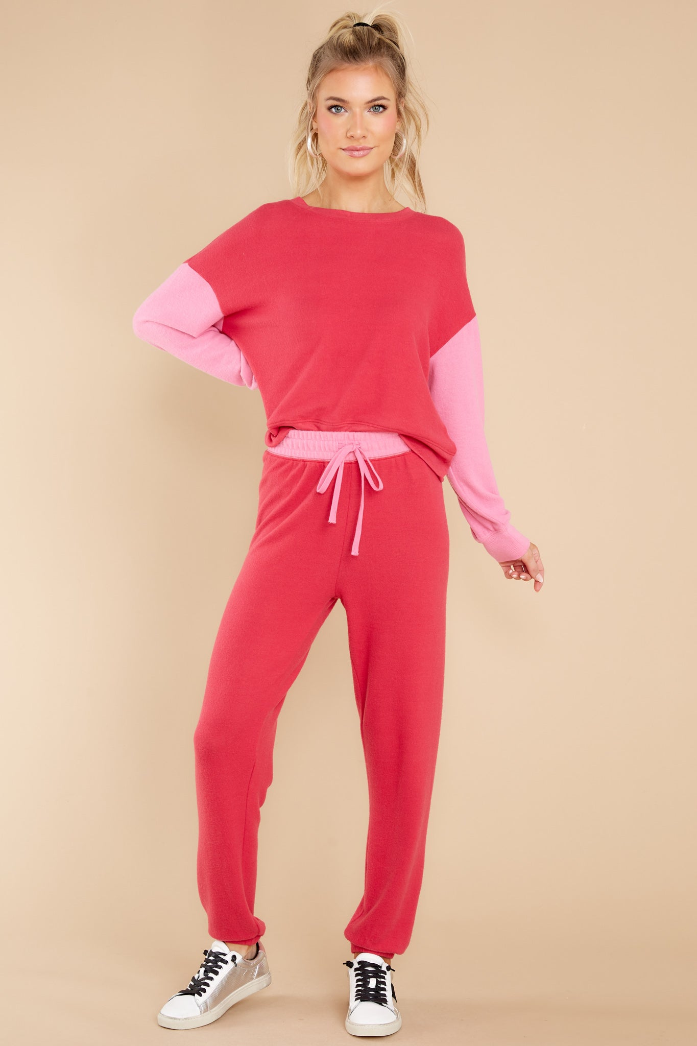 Elle Cherry Red Color Block Long Sleeve Top