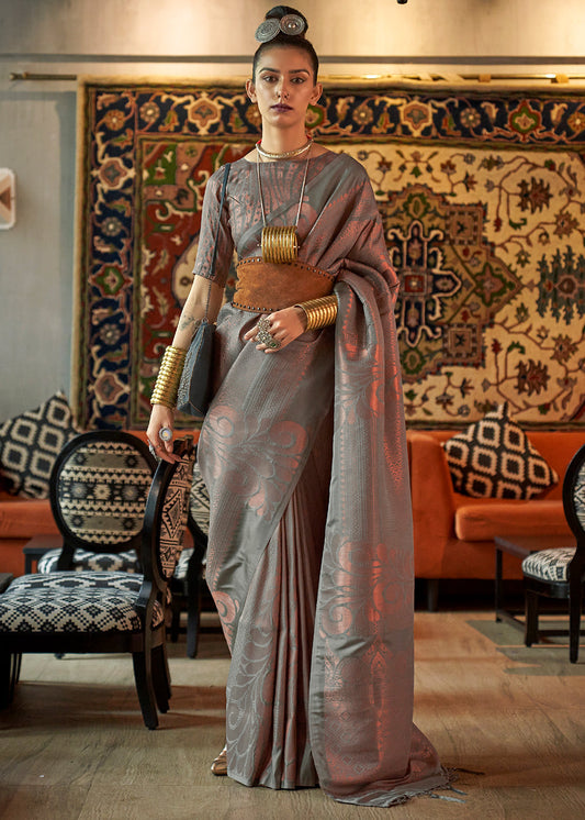 Seal Grey Copper Zari Handloom Weaving Silk Saree