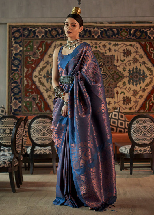 Royal Blue Copper Zari Handloom Weaving Silk Saree