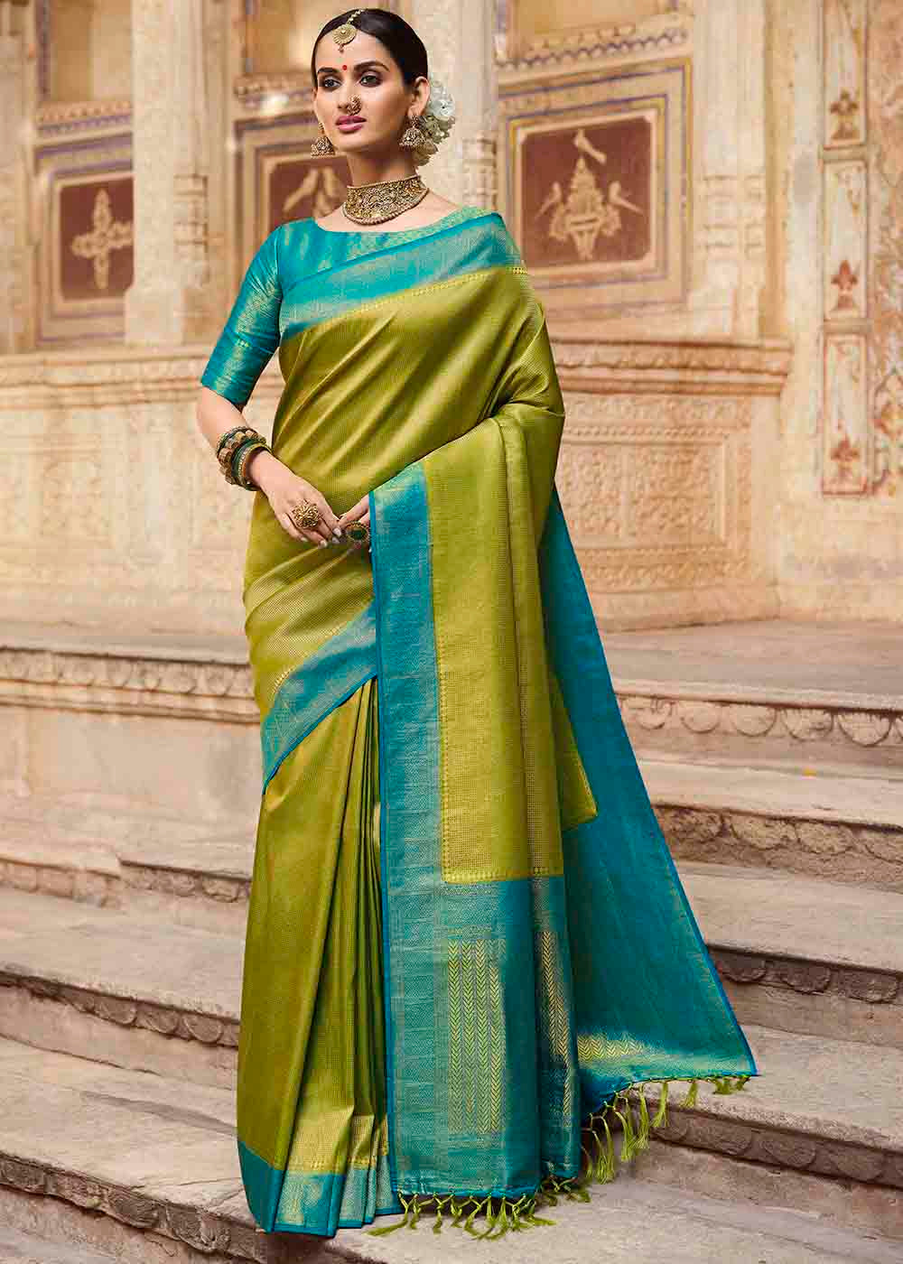 Avocado Green Woven Kanjivaram Silk Saree