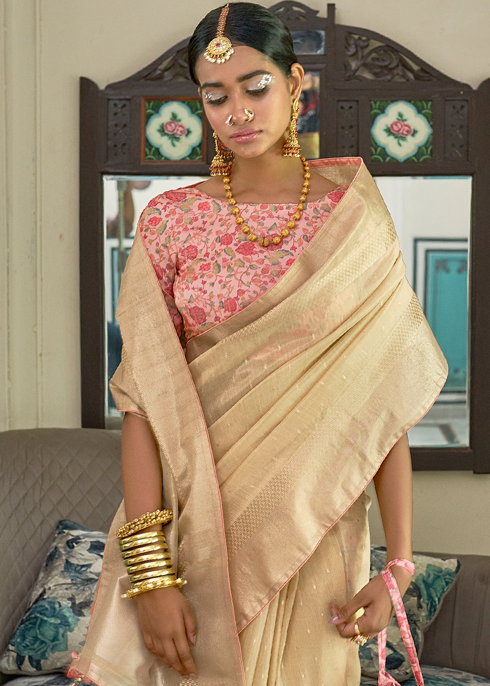 Light Golden Zari Weaving Tissue Silk Saree with kalamkari Print Blouse