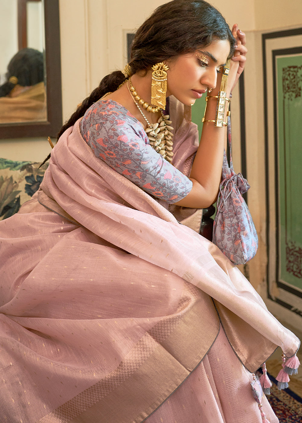 Nadeshiko Pink Zari Weaving Tissue Silk Saree with kalamkari Print Blouse