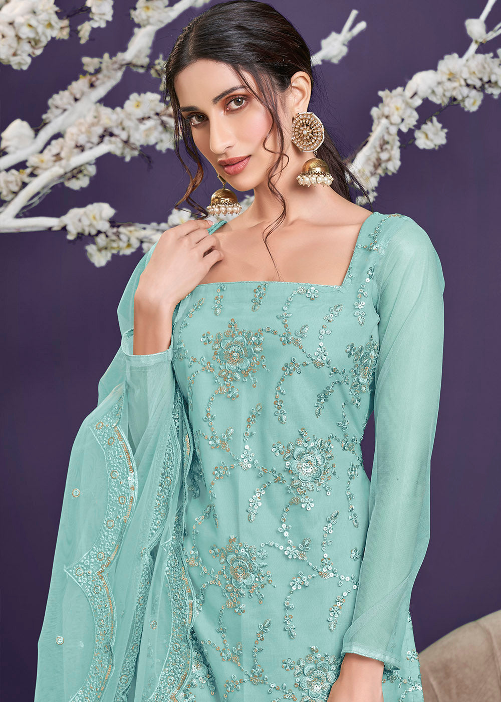 Aqua Blue Designer Soft Net Sharara Suit with Thread Embroidery work