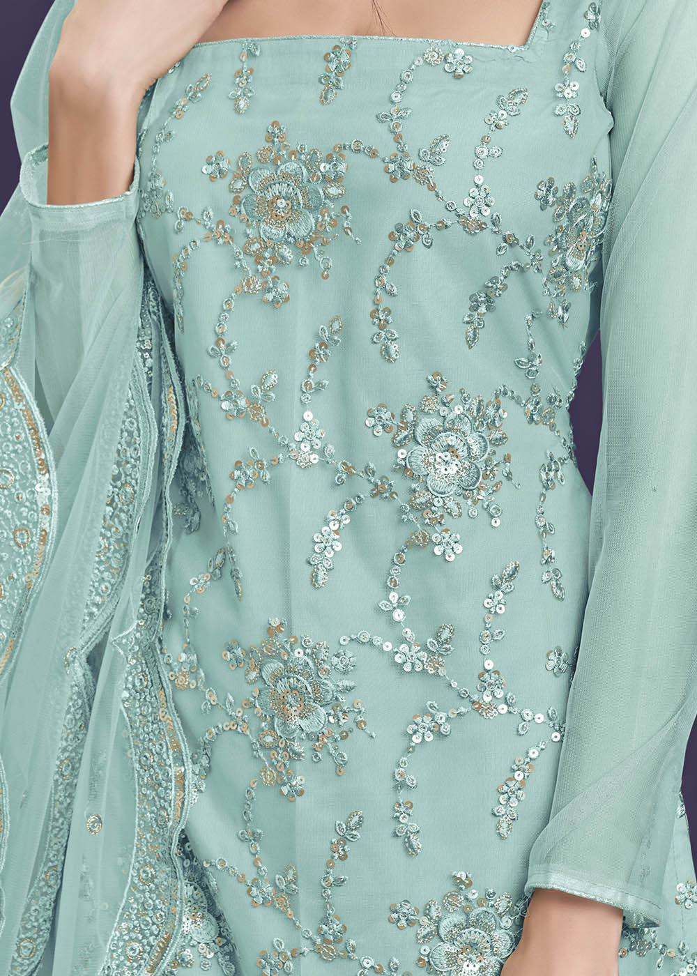 Aqua Blue Designer Soft Net Sharara Suit with Thread Embroidery work