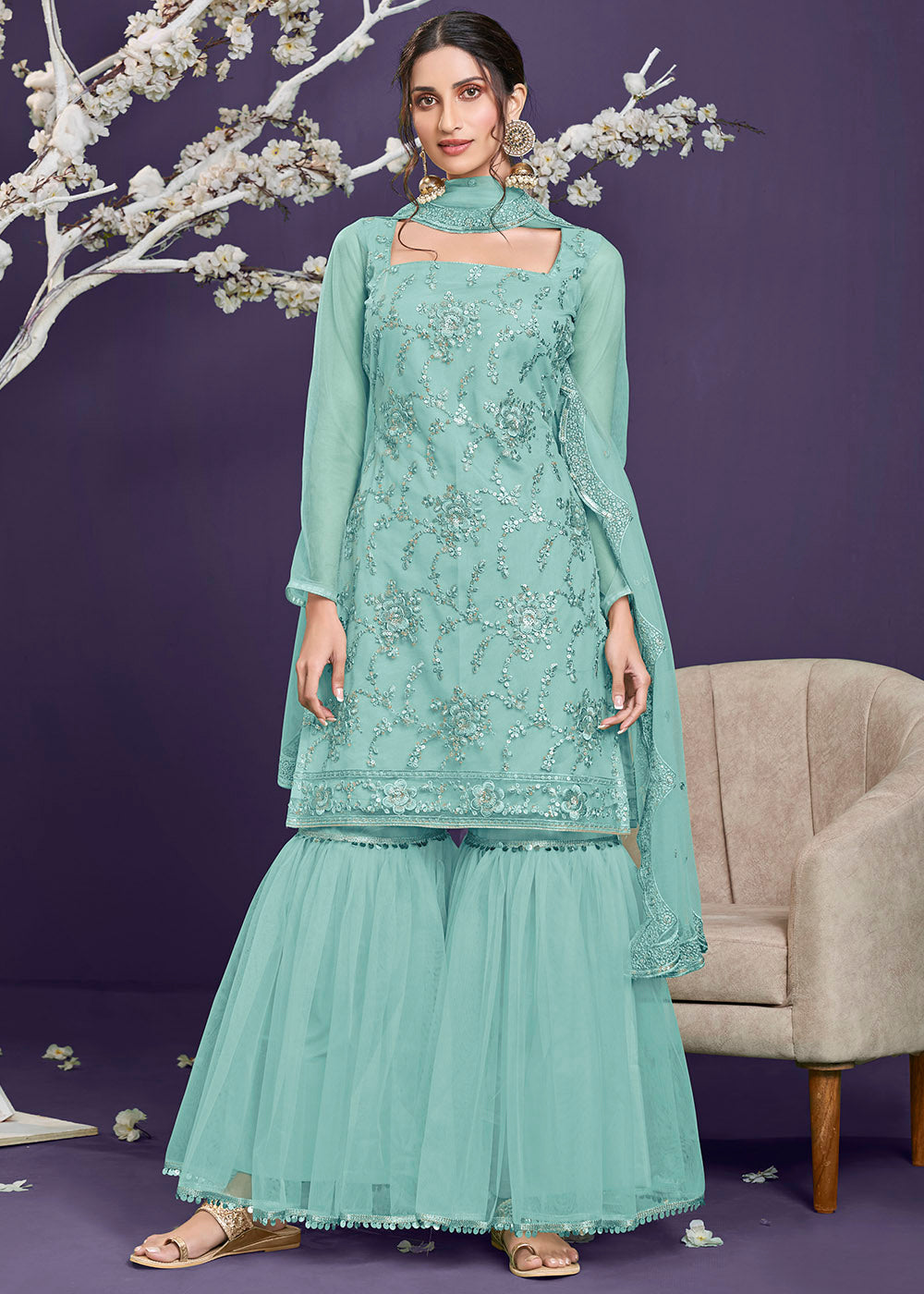 Aqua Blue Designer Soft Net Sharara Suit with Thread Embroidery work