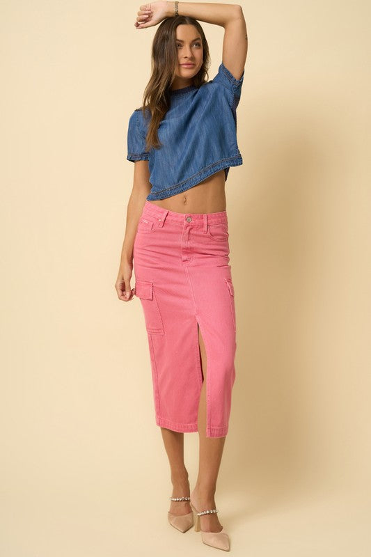 Color Cargo Denim Midi Skirt