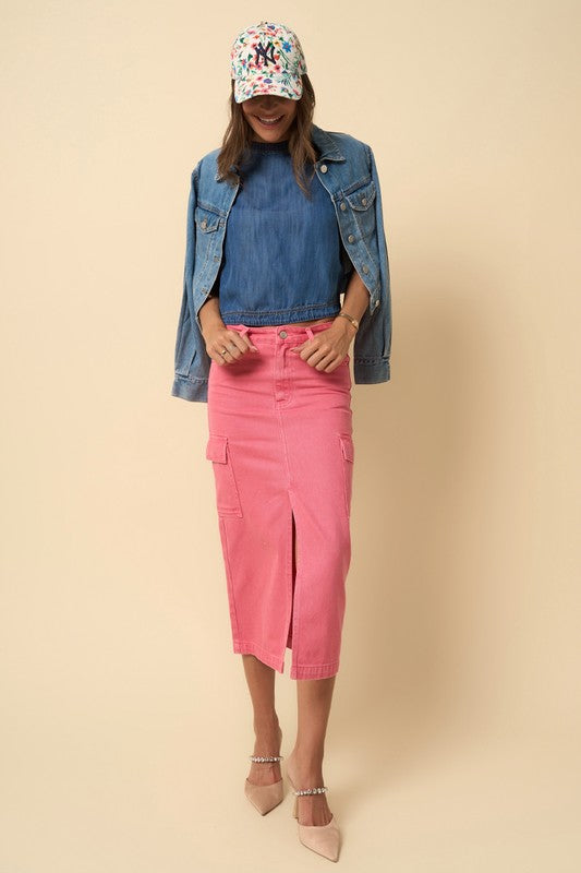 Color Cargo Denim Midi Skirt