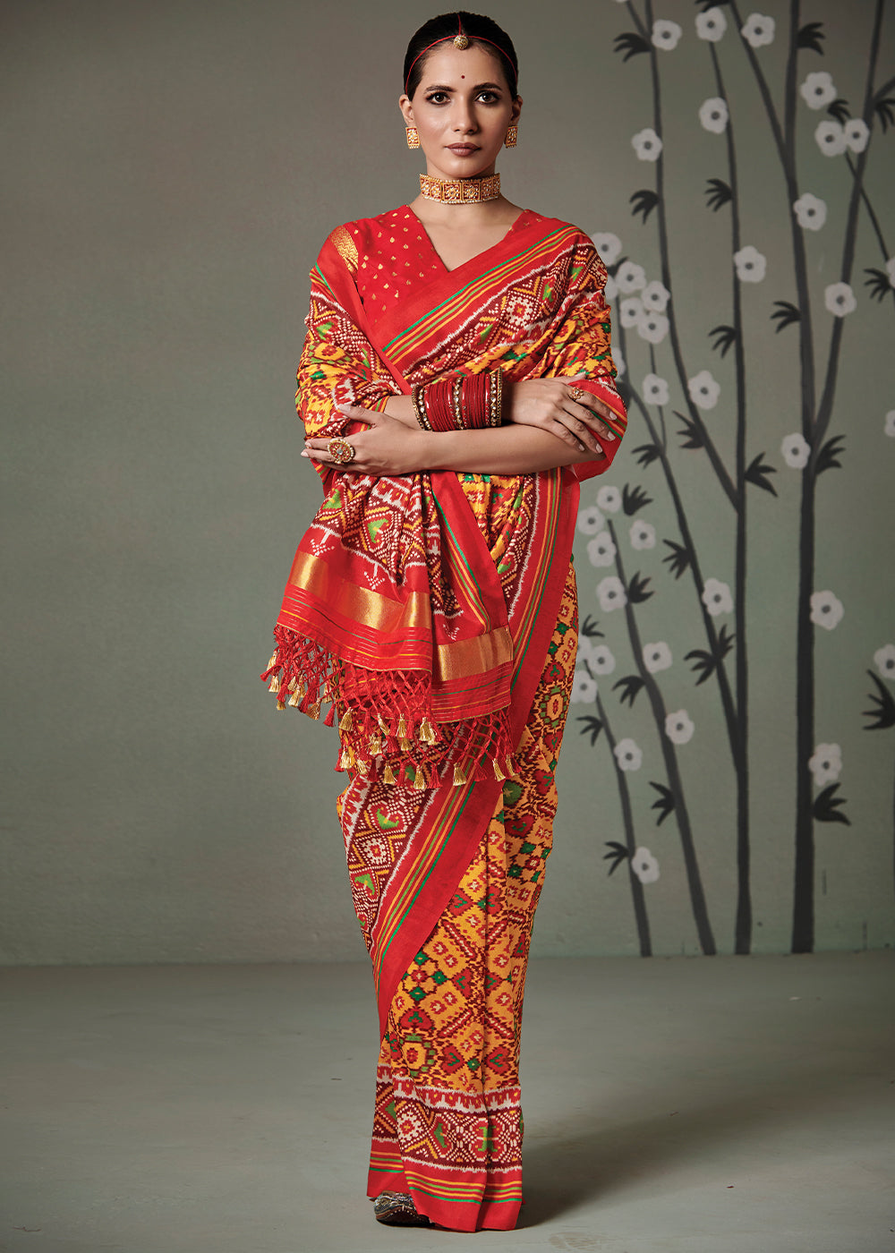 Yellow & Red Patola Printed Tussar Silk Saree