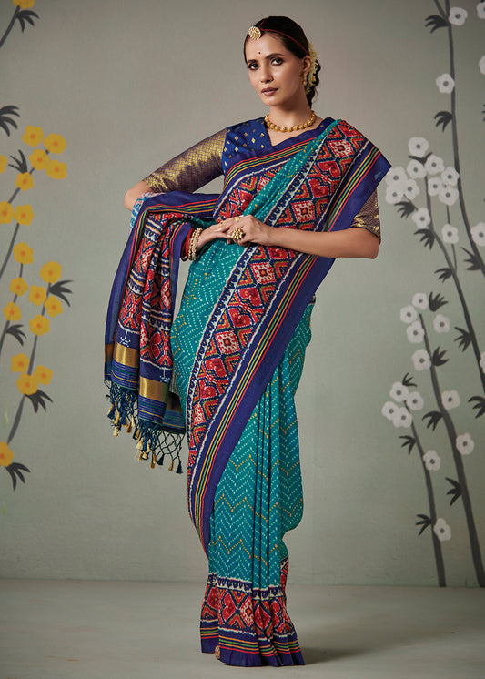 Cerulean Blue Patola Printed Tussar Silk Saree