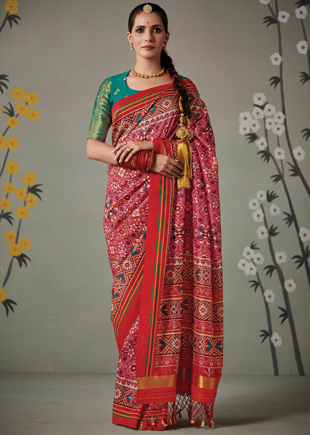 Shades Of Red Patola Printed Tussar Silk Saree