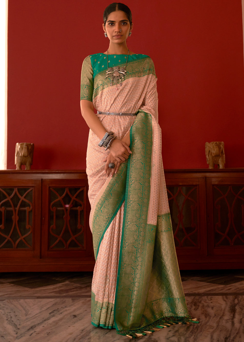 Peach Pink Zari Woven Georgette Saree with Contrast Border & Blouse