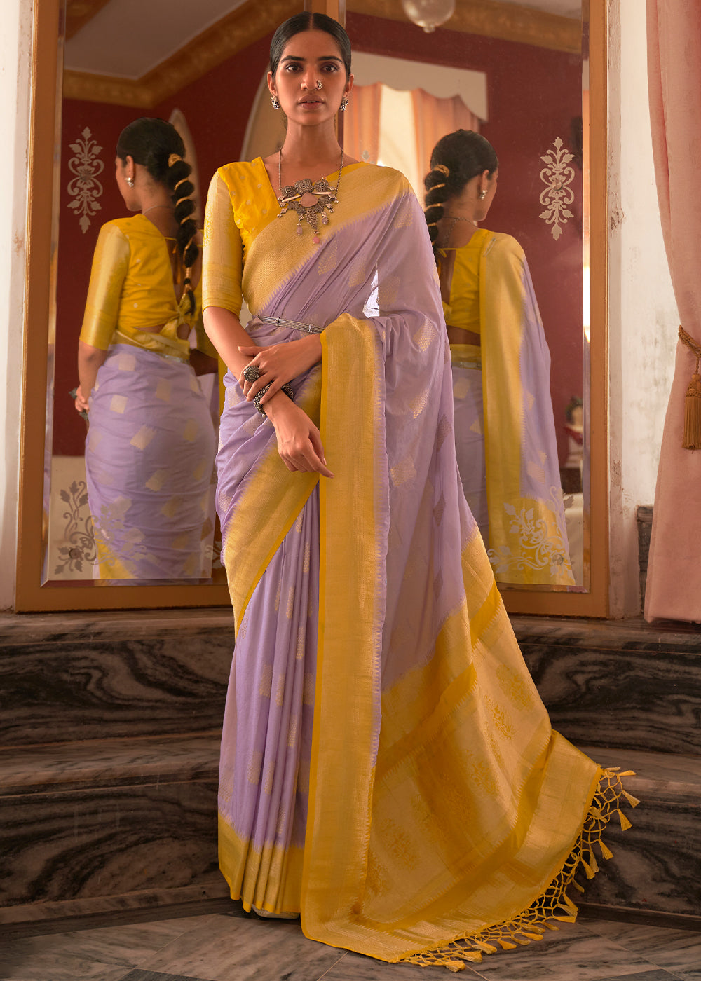 Amethyst Purple Zari Woven Georgette Saree with Contrast Border & Blouse