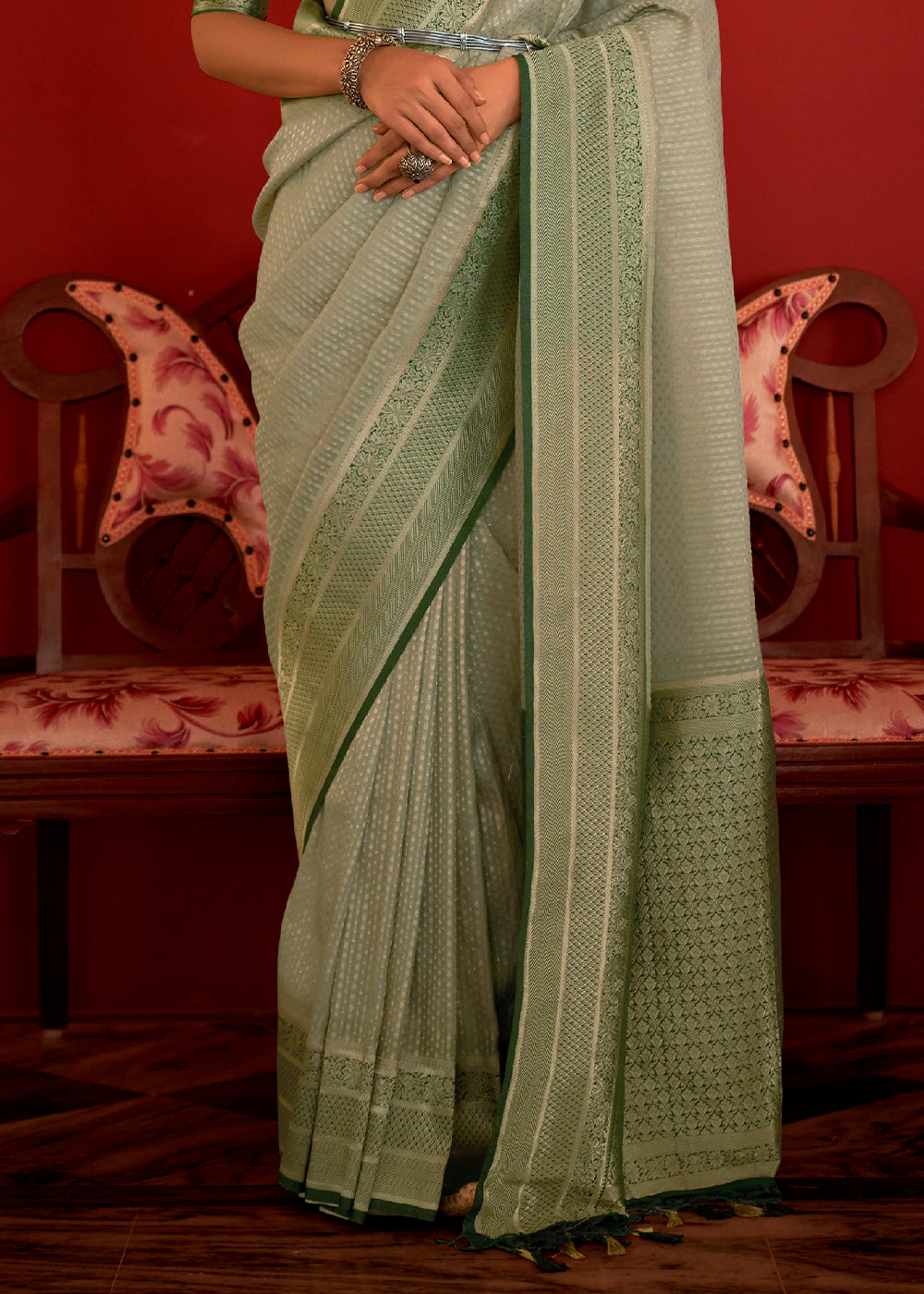 Shades Of Green Zari Woven Georgette Saree