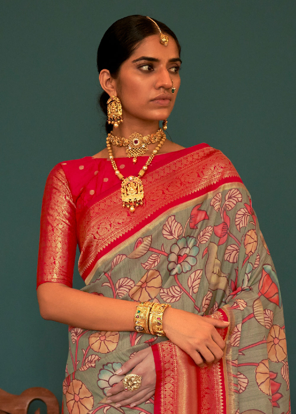 Green & Red Tussar Silk Saree with kalamkari Print