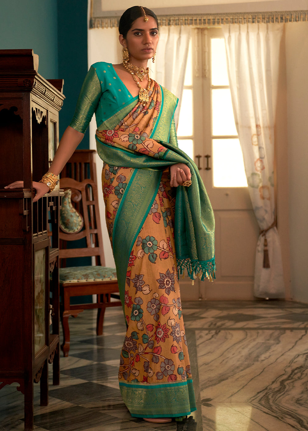 Blonde Yellow Tussar Silk Saree with kalamkari Print