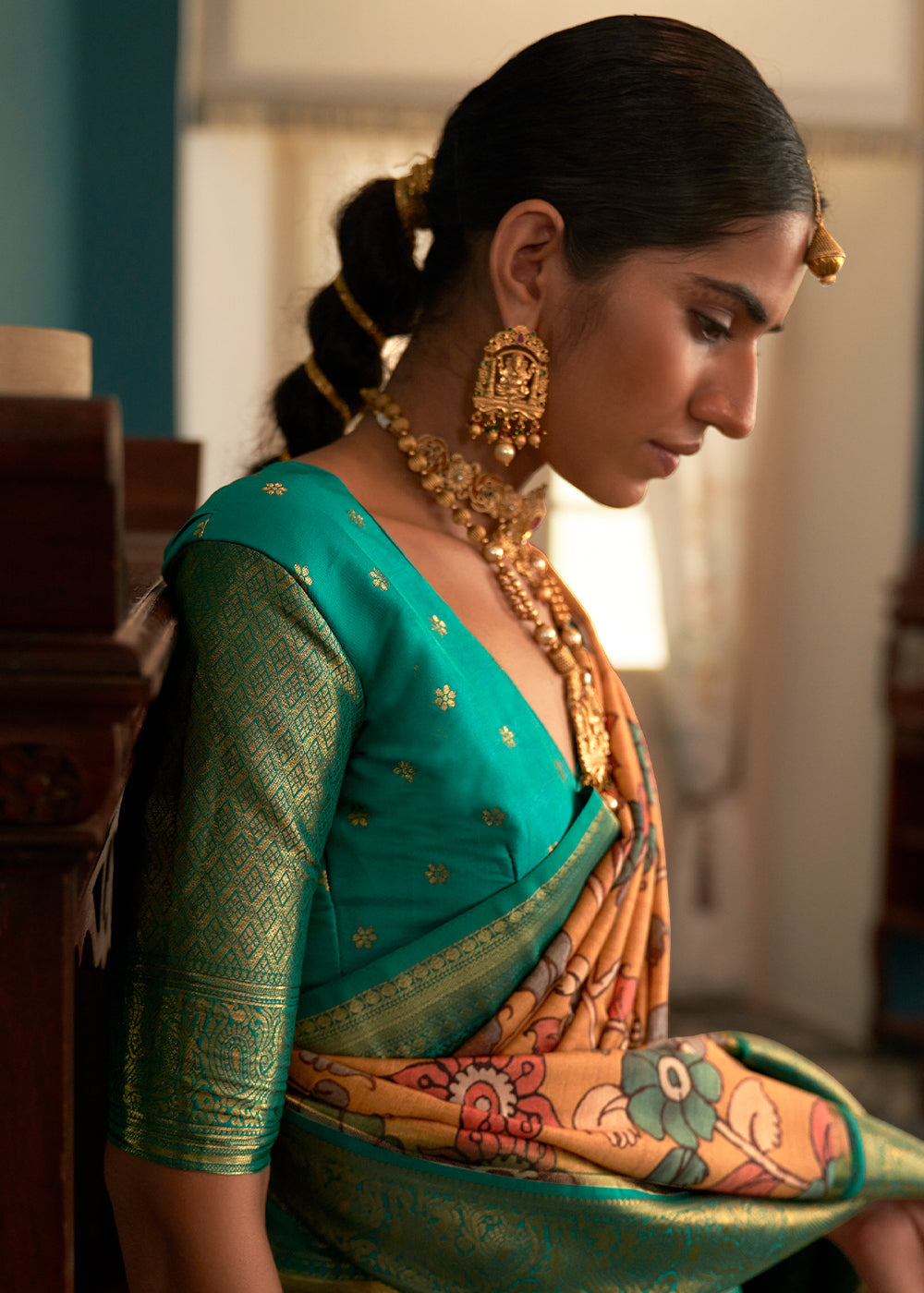 Blonde Yellow Tussar Silk Saree with kalamkari Print