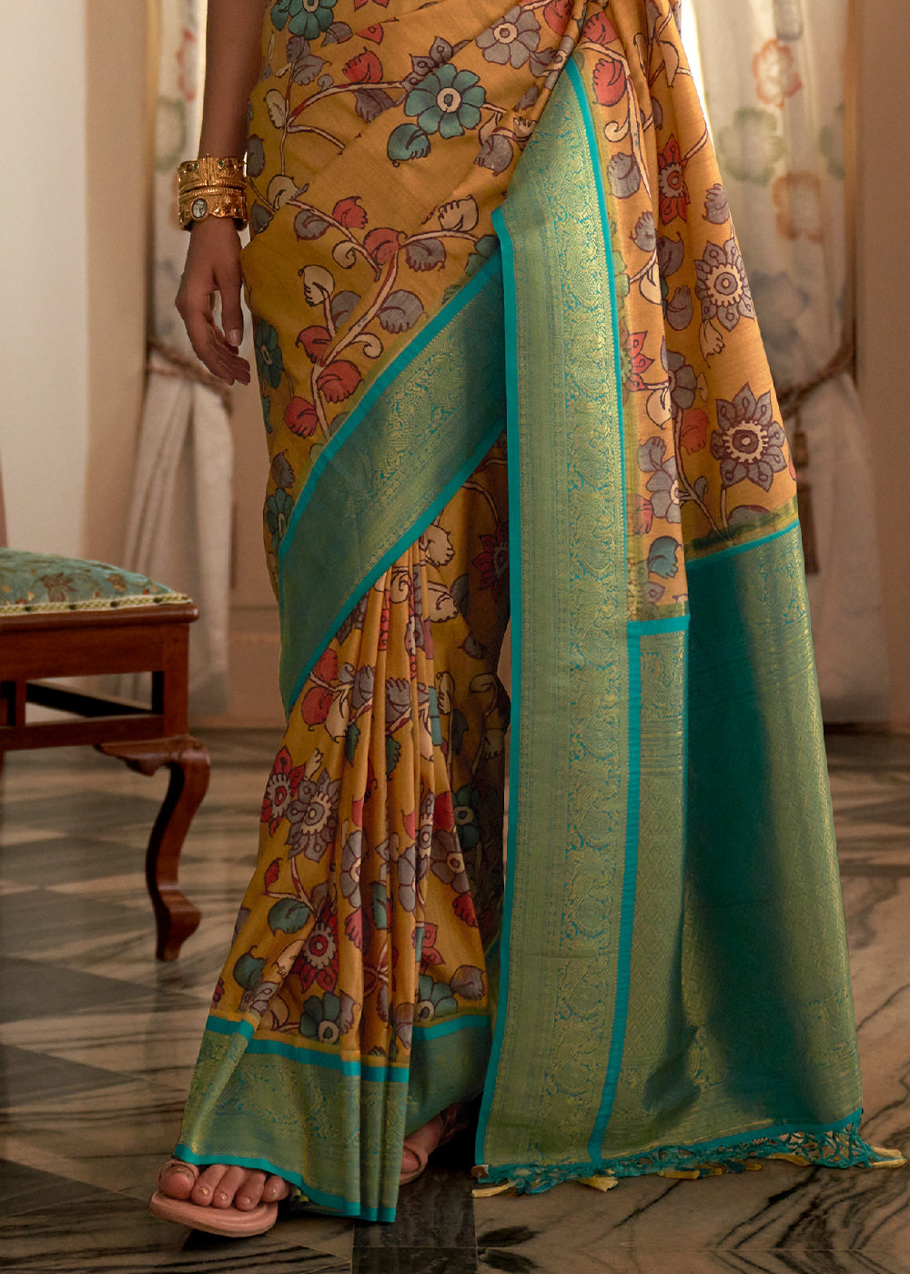 Blonde Yellow Tussar Silk Saree with kalamkari Print