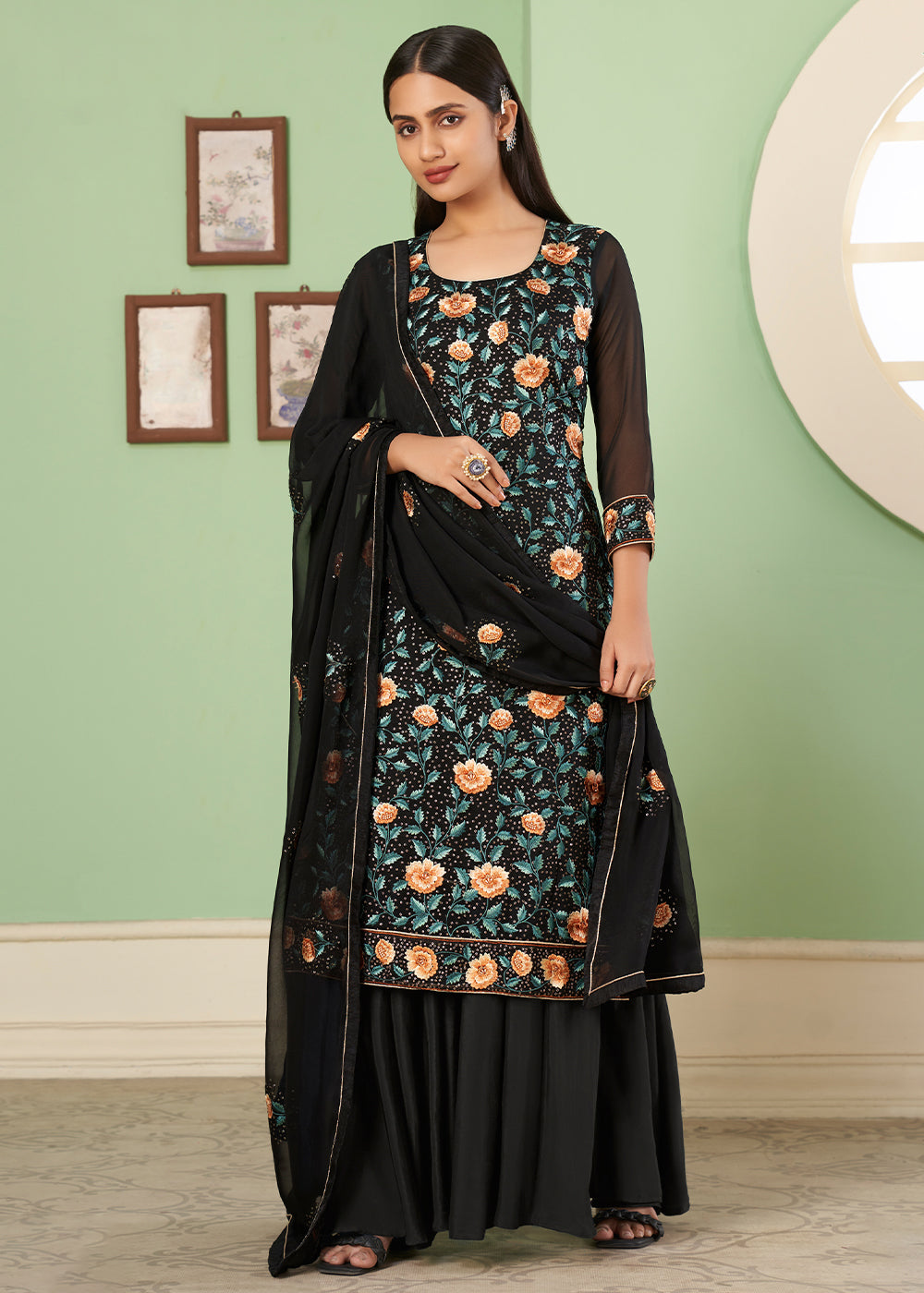 Pebble Black Georgette Salwar Suit with Multi Colour Thread Embroidery & Sequence work