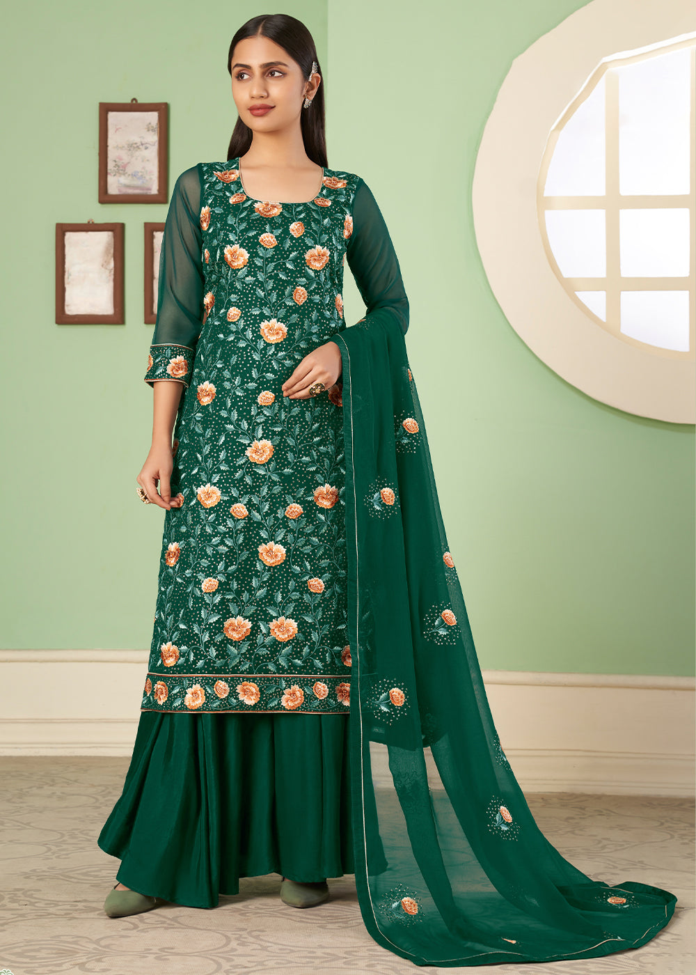 Cadmium Green Georgette Salwar Suit with Multi Colour Thread Embroidery & Sequence work