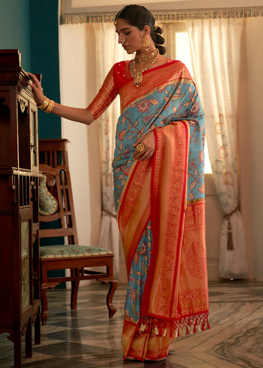 Blue & Orange Tussar Silk Saree with kalamkari Print