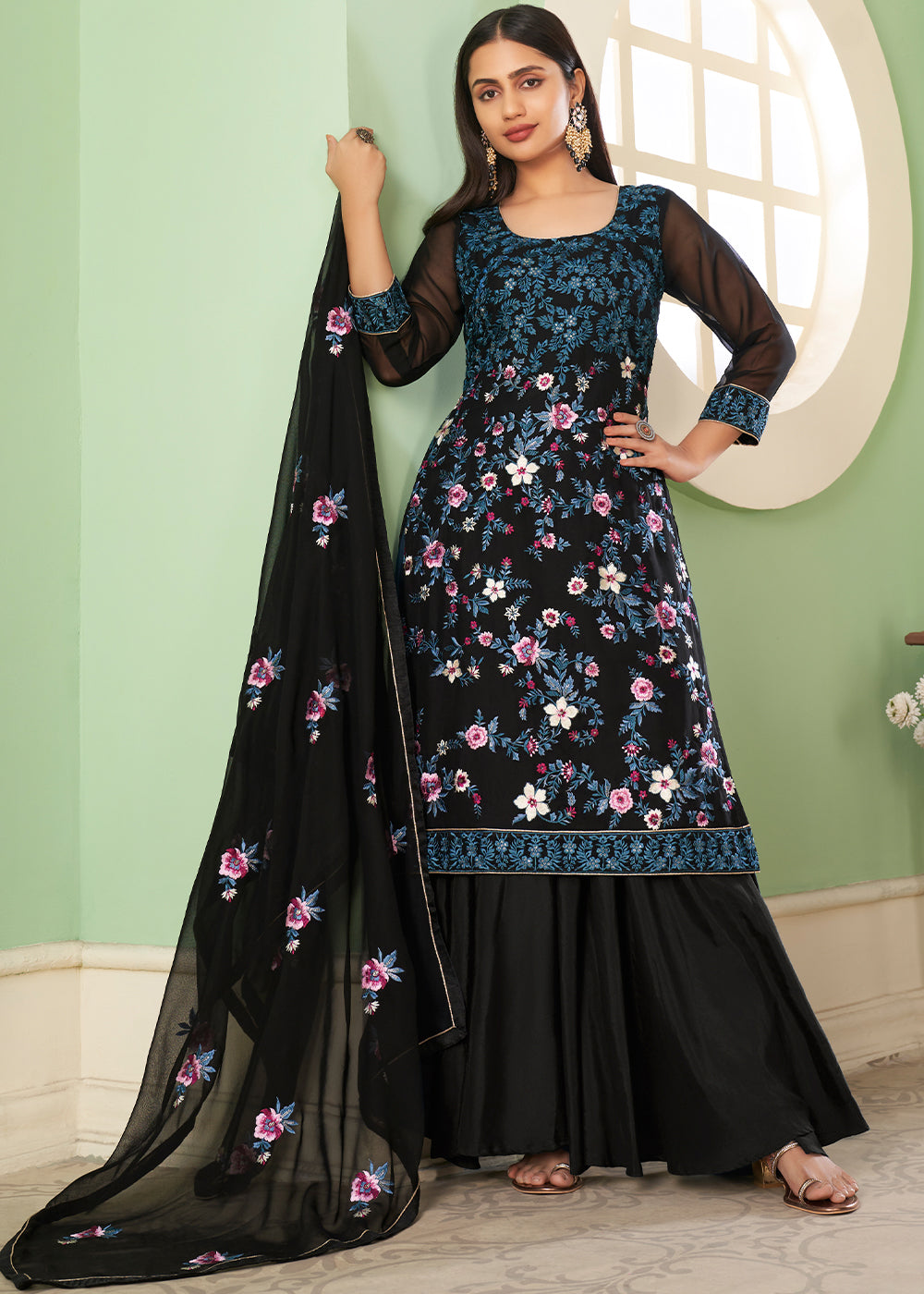 Midnight Black Georgette Salwar Suit with Multi Colour Thread Embroidery & Sequence work