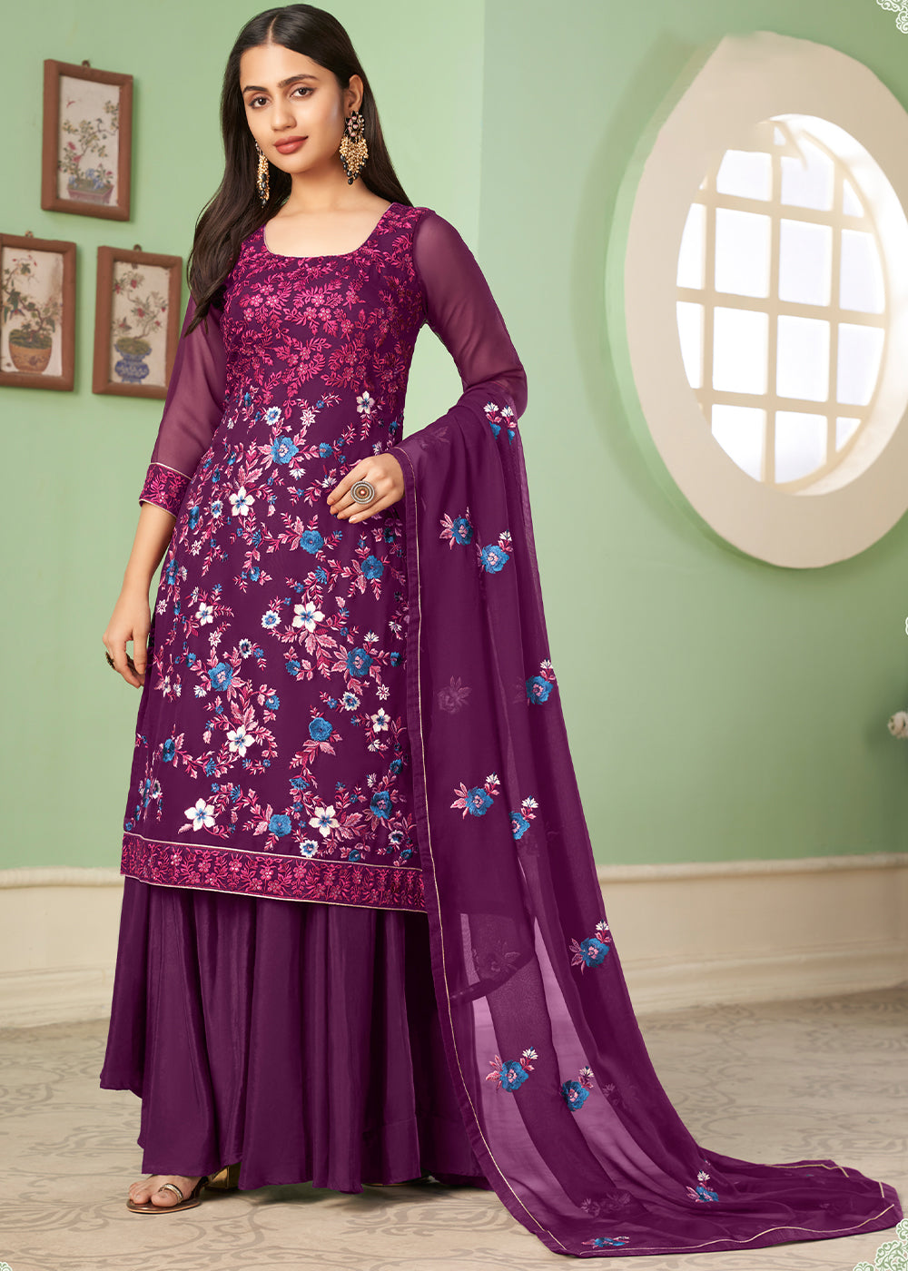 Byzantine Purple Georgette Salwar Suit with Multi Colour Thread Embroidery & Sequence work